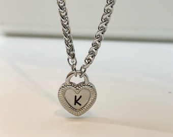 Gold Heart Lock Charm Necklace, Custom Silver Engraved Initial Heart Pendant, Gift for Him, Boyfriend Husband Girlfriend Wife