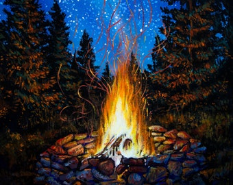 True Luxury - Original painting on canvas of a campfire under the stars