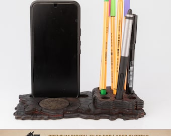 Laser Cut Wood Desk Organizer SVG | Arcane Pencil Holder Phone Stand (Digital File)