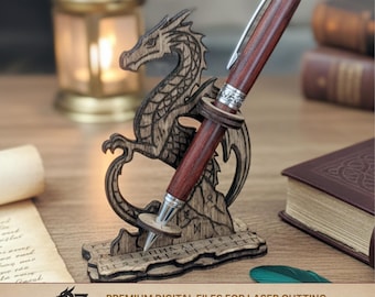 Dragon Pen Holder SVG | Fantasy Laser Cut Desk Decor | Wooden Engraved Pen Stand Template