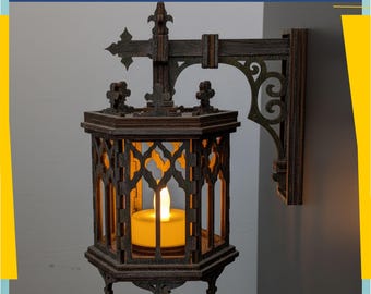 Gothic Wall Lantern SVG for Laser Cut | Magnetic LED Candle Holder | Medieval Wall Sconce