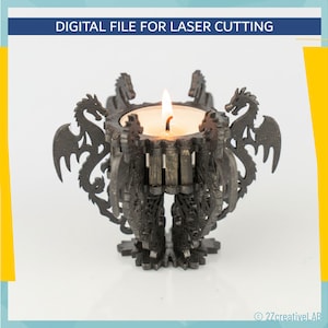 May include: A black laser-cut candle holder with dragon designs. The candle holder has a lit candle inside. The text "DIGITAL FILE FOR LASER CUTTING" is at the top. The design features dragon silhouettes on the sides.