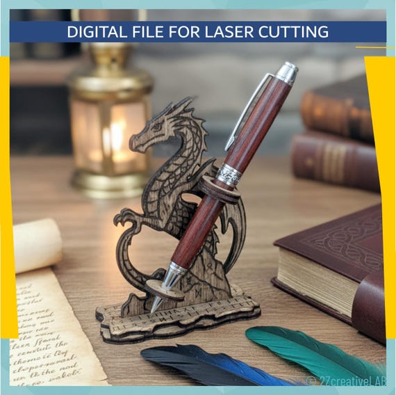 Dragon Pen Holder SVG | Fantasy Laser Cut Desk Decor | Wooden Engraved Pen Stand Template