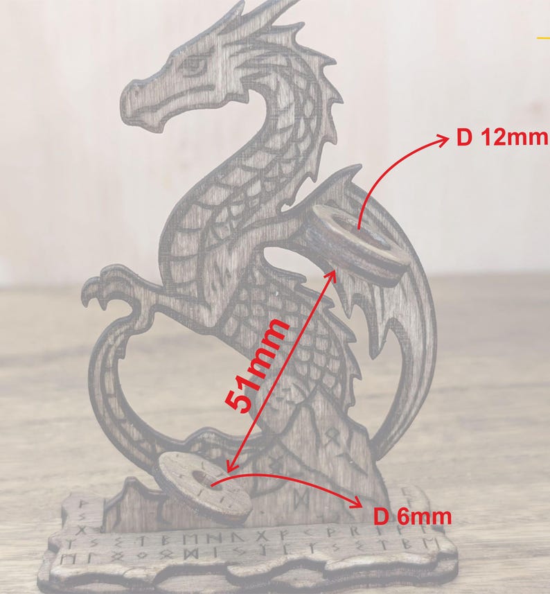 May include: Wooden dragon figurine, 51mm tall, with a circular design and engraved runes. The dragon has a detailed, carved appearance and is made of a light brown wood. The circular design is 12mm in diameter, and the base is 6mm in diameter.