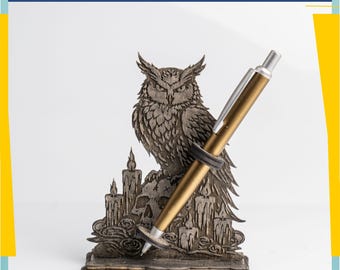 Owl Pen Holder SVG | Gothic Fantasy Laser Cut Desk Decor | Wooden Engraved Pen Stand