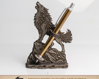 Wolf Pen Holder SVG | Fantasy Laser Cut Desk Decor | Wooden Engraved Pen Stand Template