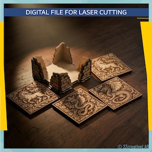 Könnte beinhalten: Holz-Laserschnitt-Untersetzer und eine kleine Box mit Fantasy-Motiven. Die Untersetzer zeigen gravierte Bilder eines Drachen, Einhorns und Wolfs. Die Box hat ein burgähnliches Design. Der Text "DIGITAL FILE FOR LASER CUTTING" befindet sich oben.