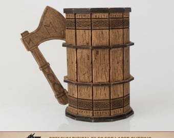 May include: A wooden mug with an axe-shaped handle. The mug has a barrel design with decorative bands and etched details. The handle features etched runes. The mug is made of light brown wood and is a digital file for laser cutting.