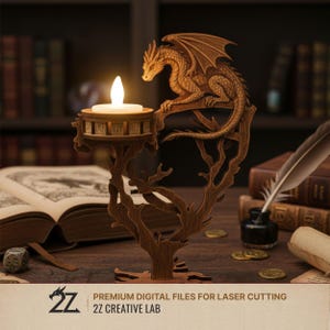 May include: A wooden dragon-themed candle holder with a lit candle. The dragon is perched on a branch, and the holder has a tree-like base. The image also includes books, a quill, and the text "PREMIUM DIGITAL FILES FOR LASER CUTTING".
