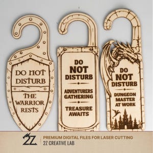 May include: Three wooden "Do Not Disturb" signs with unique designs. One is shield-shaped, another rectangular, and the third features a dragon. Each sign has a different message, including "The Warrior Rests" and "Dungeon Master at Work."
