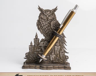 Owl Pen Holder SVG | Gothic Fantasy Laser Cut Desk Decor | Wooden Engraved Pen Stand
