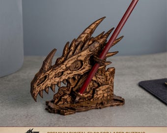 Dragon Skull Pen Holder SVG | Fantasy Laser Cut Desk Decor | Wooden Engraved Pen Stand