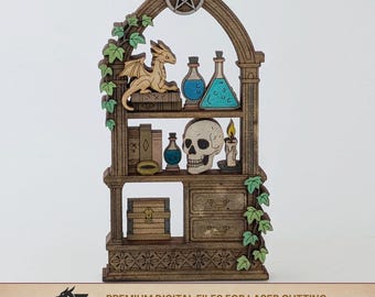 May include: Wooden shelf decor with a dragon, potion bottles, skull, and books. The shelf has an arched top with a star and is decorated with green ivy. The text "PREMIUM DIGITAL FILES FOR LASER CUTTING" is visible.