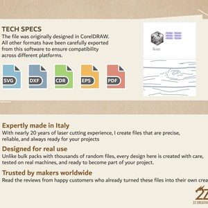 May include: A graphic with the text "TECH SPECS" and file type icons: SVG, DXF, CDR, EPS, and PDF. The text describes the file's design origin and compatibility. Additional text highlights the product's Italian origin, design, and use.