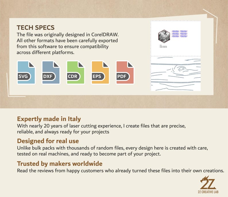 May include: A graphic with the text "TECH SPECS" and file type icons: SVG, DXF, CDR, EPS, and PDF. The text describes the file's design origin and compatibility. Additional text highlights the product's Italian origin, design, and use.