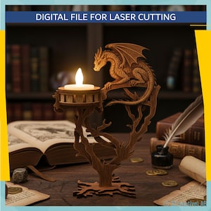 Op de afbeelding: Een houten kaarsenhouder met drakenmotief, lasergesneden. De kaarsenhouder heeft een boomachtige basis en een draak die op een tak zit. De tekst "DIGITAL FILE FOR LASER CUTTING" staat bovenaan.