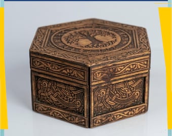 Viking Hexagon Box SVG | Yggdrasil Laser Cut Box File | Norse Engraved Wooden Keepsake