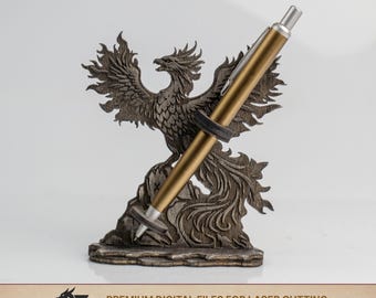 Rising Phoenix Pen Holder SVG | Fantasy Laser Cut Desk Decor | Wooden Engraved Stand
