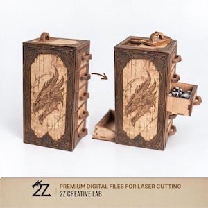 May include: A vertical wooden storage chest with five drawers, featuring laser-engraved dragon head designs on the front panels. One drawer is shown pulled open, revealing small dice inside. The text 2Z CREATIVE LAB is visible at the bottom.