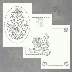 Puede incluir: Tres plantillas blancas con diseños florales y de volutas decorativas. Una plantilla presenta un marco ovalado con un patrón floral central. Las otras dos plantillas tienen diseños de esquina y borde. El texto "2 CREATIVE LAB" es visible.