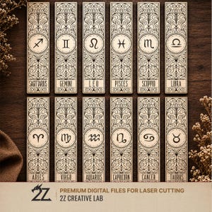 May include: Twelve wooden zodiac signs with intricate scrollwork and astrological symbols. Each sign is labeled with its name in a serif font. The signs are arranged in a grid pattern on a wooden surface.
