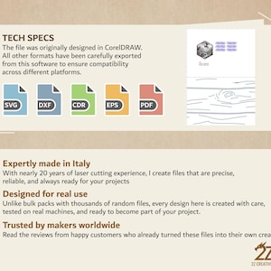 May include: A graphic with the text "TECH SPECS" and file type icons: SVG, DXF, CDR, EPS, and PDF. The text describes the file's design origin and compatibility. Additional text highlights the product's Italian origin, design, and use.