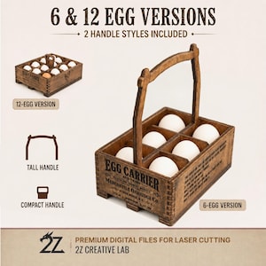 Peut inclure: Un porte-œufs en bois avec une grande poignée, portant l'inscription EGG CARRIER AND TRANS MERCANTILE OAKRIDGE CO. STONE RIDGE, N.Y. L'ensemble comprend des options pour 6 ou 12 œufs et deux styles de poignées, haute et compacte, pour découpe laser.