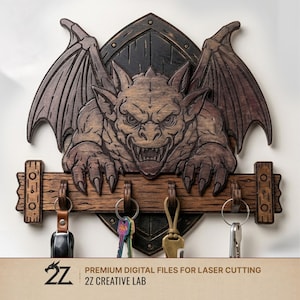 May include: A wooden key holder with a carved gargoyle design and outstretched wings. The key holder has a shield-shaped back and a wooden bar with four hooks. The gargoyle is brown with dark shading, and the key holder has a rustic aesthetic.