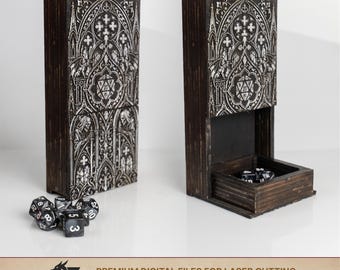 Compact Gothic Dice Tower with Magnetic Dice Drawer | 4mm Laser Cut Files