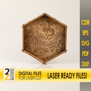 Catchall tray lasergesneden vijl 3mm | Valet dienblad SVG met een fantasielandschap met een draak en een oud houten balkeffect