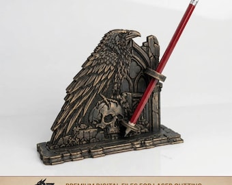 Raven Pen Holder SVG | Gothic Laser Cut Desk Decor | Wooden Engraved Pen Stand