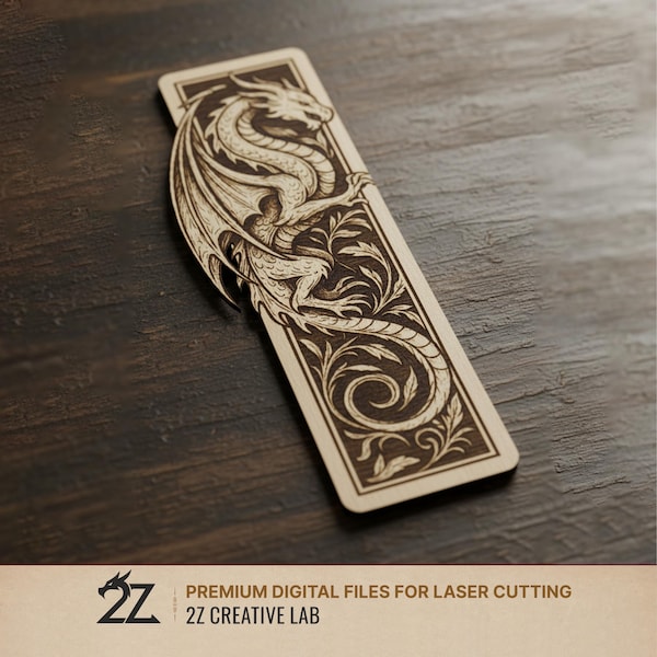 Marcapáginas de dragón SVG / Archivo de corte láser de fantasía gótica para madera, plantilla de marcapáginas grabada Glowforge