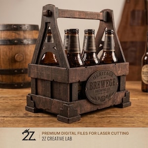 May include: A dark brown wooden beer caddy with a handle, holding four glass bottles. An oval plaque on the front features the text Heritage Brewege Brewing Co. The caddy has reinforced corner brackets and a rustic finish, designed for carrying bottles.