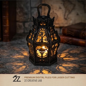 May include: A black laser-cut lantern with a handle and intricate cutouts featuring skull motifs and ornate patterns. A warm light glows from within, casting detailed shadows. The text 2Z PREMIUM DIGITAL FILES FOR LASER CUTTING 2Z CREATIVE LAB is visible.