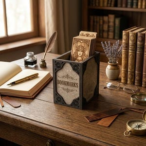 May include: A wooden bookmark holder with the word "Bookmarks" printed on the front. The holder contains several wooden bookmarks with a carved image of a woman. The scene is set on a wooden desk with books, a pen, and a compass.