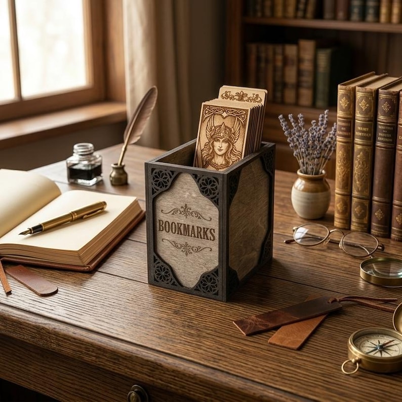 May include: A wooden bookmark holder with the word "Bookmarks" printed on the front. The holder contains several wooden bookmarks with a carved image of a woman. The scene is set on a wooden desk with books, a pen, and a compass.