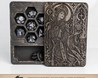 Dark Fantasy Sorceress Dice Vault SVG, 7 Dice Box with Miniature Storage
