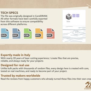 Pu&ograve; includere: Grafica con il testo "TECH SPECS" e icone dei tipi di file: SVG, DXF, CDR, EPS e PDF. Il testo descrive l'origine del design del file e la compatibilit&agrave;. Il testo aggiuntivo evidenzia l'origine italiana, il design e l'utilizzo del prodotto.