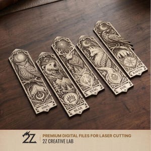 May include: A collection of intricately carved wooden bookmarks featuring detailed illustrations of an owl, bear, stag, fox, and raven. Each bookmark has a unique design with the animal's name at the bottom. The text "2Z CREATIVE LAB" is also visible.