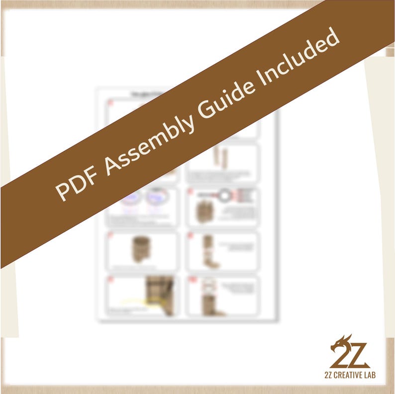 May include: A white page with assembly instructions for a product, overlaid by a brown banner that reads "PDF Assembly Guide Included." The bottom right corner features a logo with a stylized dragon and the text "2Z CREATIVE LAB."