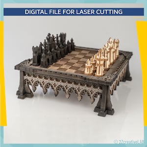 May include: A detailed wooden chess set with a decorative, gothic-style table. The chess pieces are in black and gold. The chessboard has a light brown and dark brown checkered pattern. The text "DIGITAL FILE FOR LASER CUTTING" is at the top.