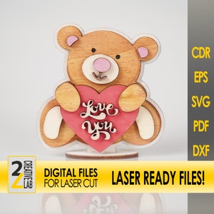 File SVG di adorabile orsacchiotto multistrato per taglio laser / Regalo ideale per San Valentino o occasioni speciali.