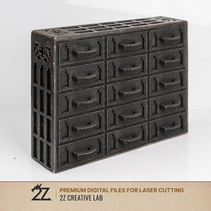 May include: A dark gray, rectangular storage unit featuring fifteen small drawers arranged in a grid. Each drawer has a curved handle and a pointed arch frame. The side panel displays an intricate lattice pattern. Text reads: 2Z PREMIUM DIGITAL FILES FOR LASER CUTTING 2Z CREATIVE LAB.
