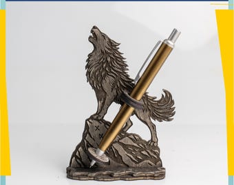 Wolf Pen Holder SVG | Fantasy Laser Cut Desk Decor | Wooden Engraved Pen Stand Template