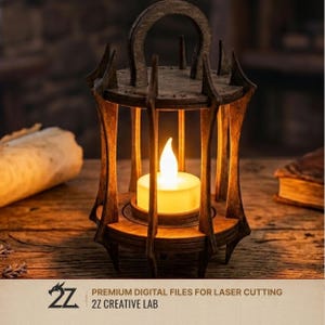 May include: A wooden lantern with a handle, featuring a lit candle inside. The lantern has a decorative design with vertical supports and a circular base. The image includes the text "PREMIUM DIGITAL FILES FOR LASER CUTTING" and "2Z CREATIVE LAB".