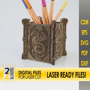Dragon Fantasy Pen Holder SVG File for Laser Cutting | Medieval Desk Organizer with Celtic Patterns