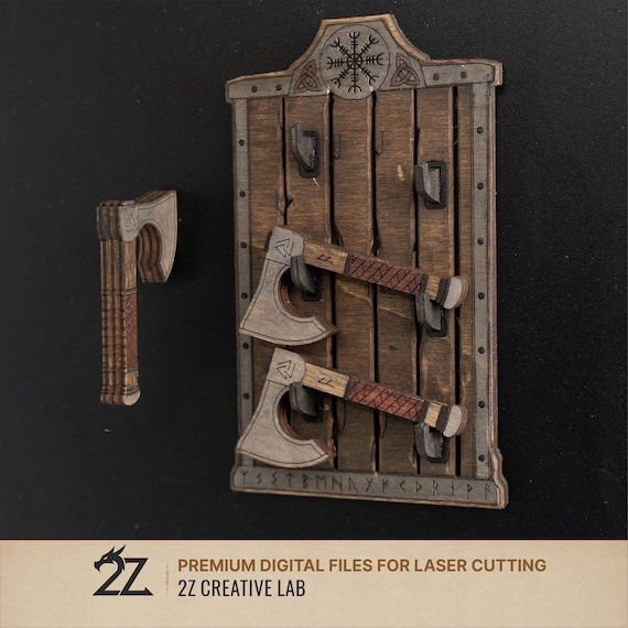 Viking Axe Display SVG | Laser Cut Wooden Fridge Magnet Holder with 3 Removable Axe