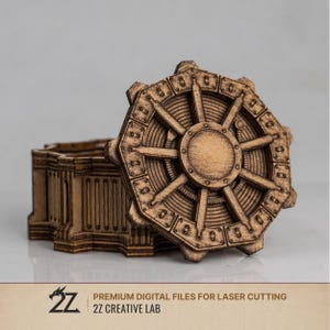 May include: A wooden box with an open, gear-shaped lid. The box and lid are intricately designed with detailed patterns and rivets. The box is made of light brown wood and is suitable for laser cutting. The text "2Z CREATIVE LAB" is visible.