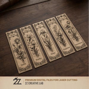 May include: A collection of five rectangular bookmarks with botanical illustrations and text. Each bookmark features a different flower: Rose, Lilium, Iris, Convallaria, and Papaver. The text includes words like "Love," "Purity," and "Happiness." The bookmarks are made of a light brown material.