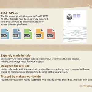 May include: A graphic with the text "TECH SPECS" and file type icons: SVG, DXF, CDR, EPS, and PDF. The text describes the file's design origin and compatibility. Additional text highlights the product's Italian origin, design for real use, and trusted status.